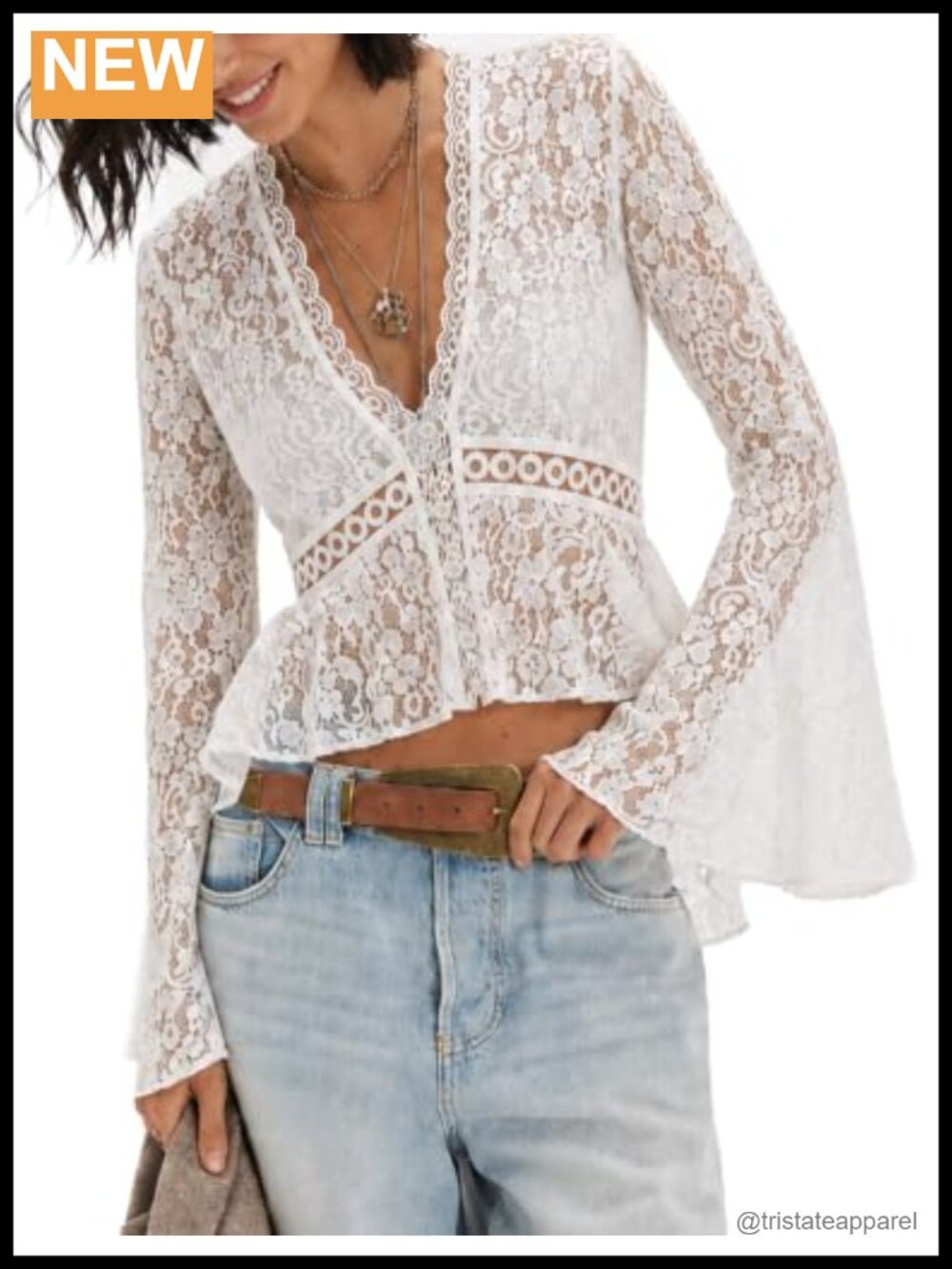 Women Bell Sleeve Lace Sheer Mesh Y2K Blouse Ruffle Trim Crop Top